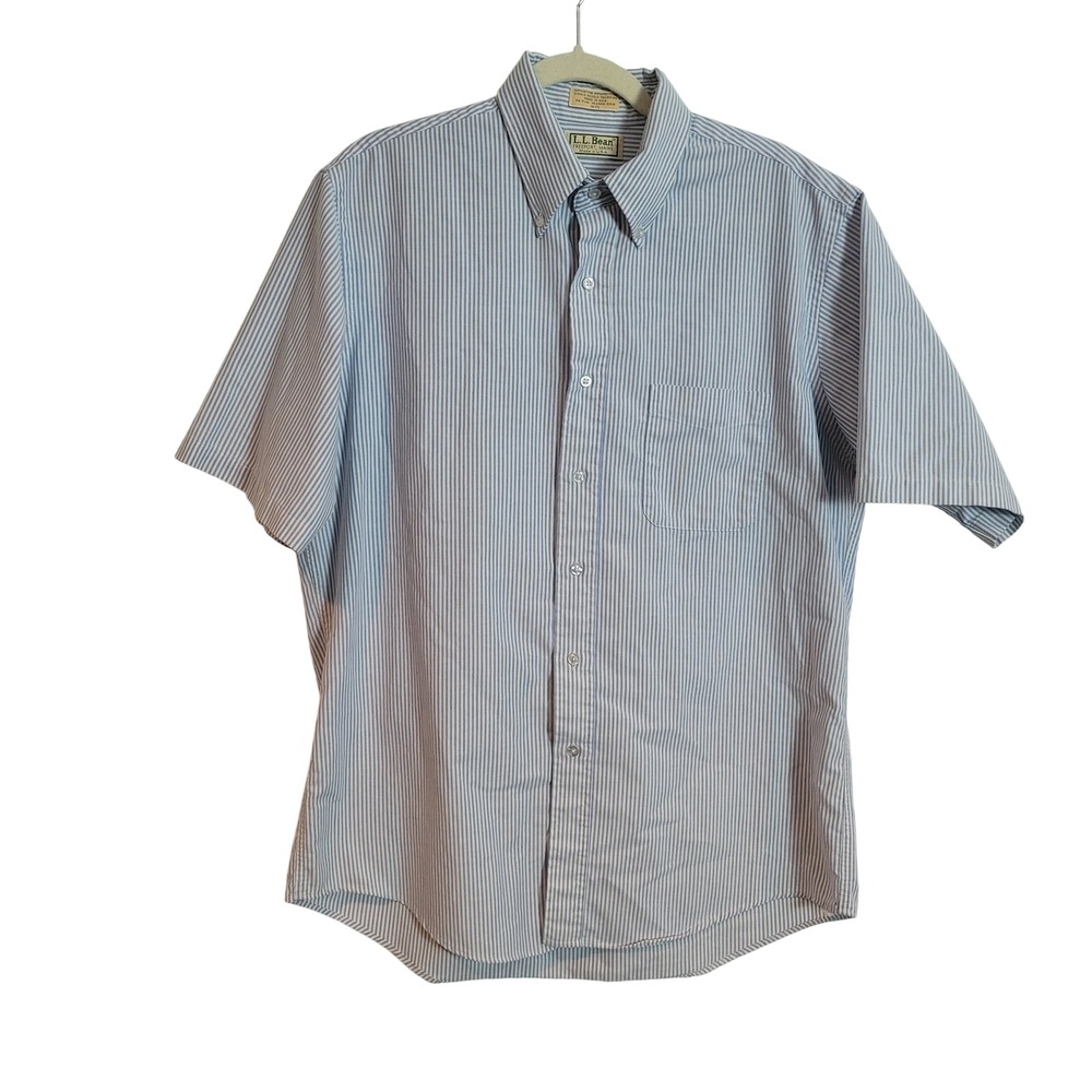 LL Bean Mens Blue White Pinstripe Short Sleeve Button Down Shirt 16.5 USA Made
